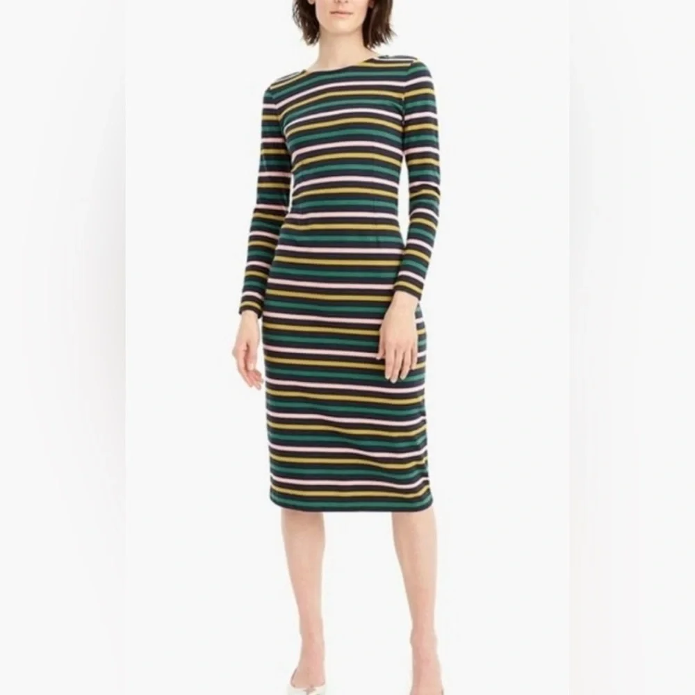 J.CREW Long Sleeve Multicolor striped Midi Dress Sz 8 M Nautical Preppy Spring